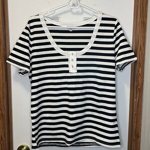White Birch Black & White Striped Henley Tee w/ unique buttons 1X NWOT